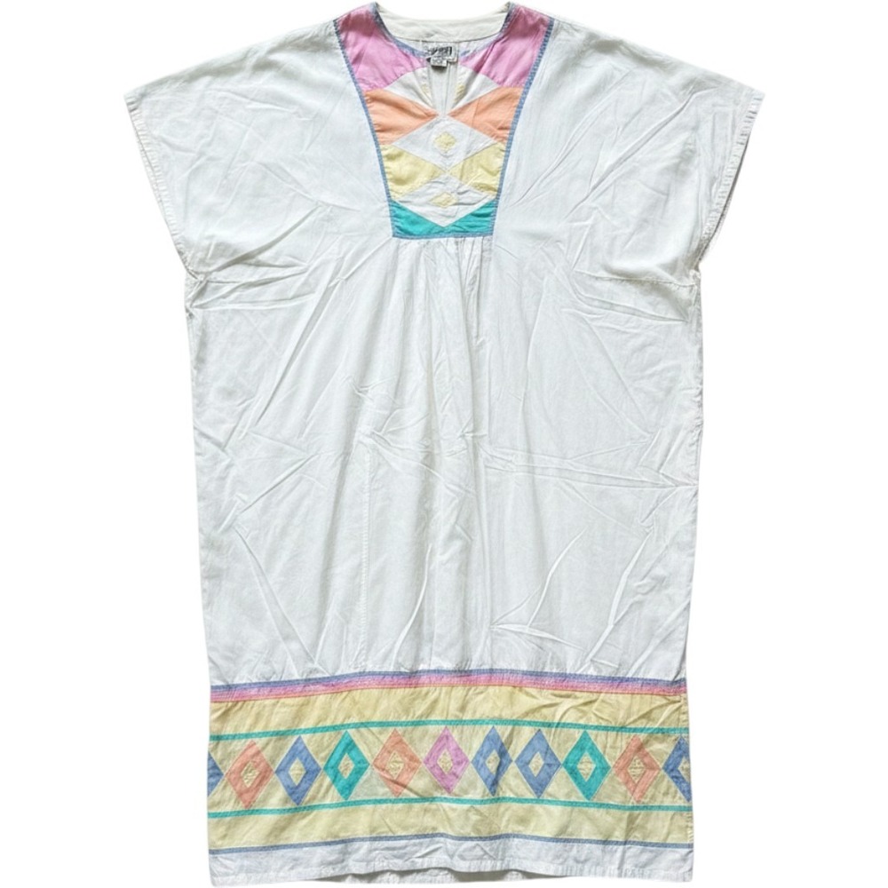 Vintage Saybury Cotton Caftan Robe White Pastel Geometric Patchwork India Mumu